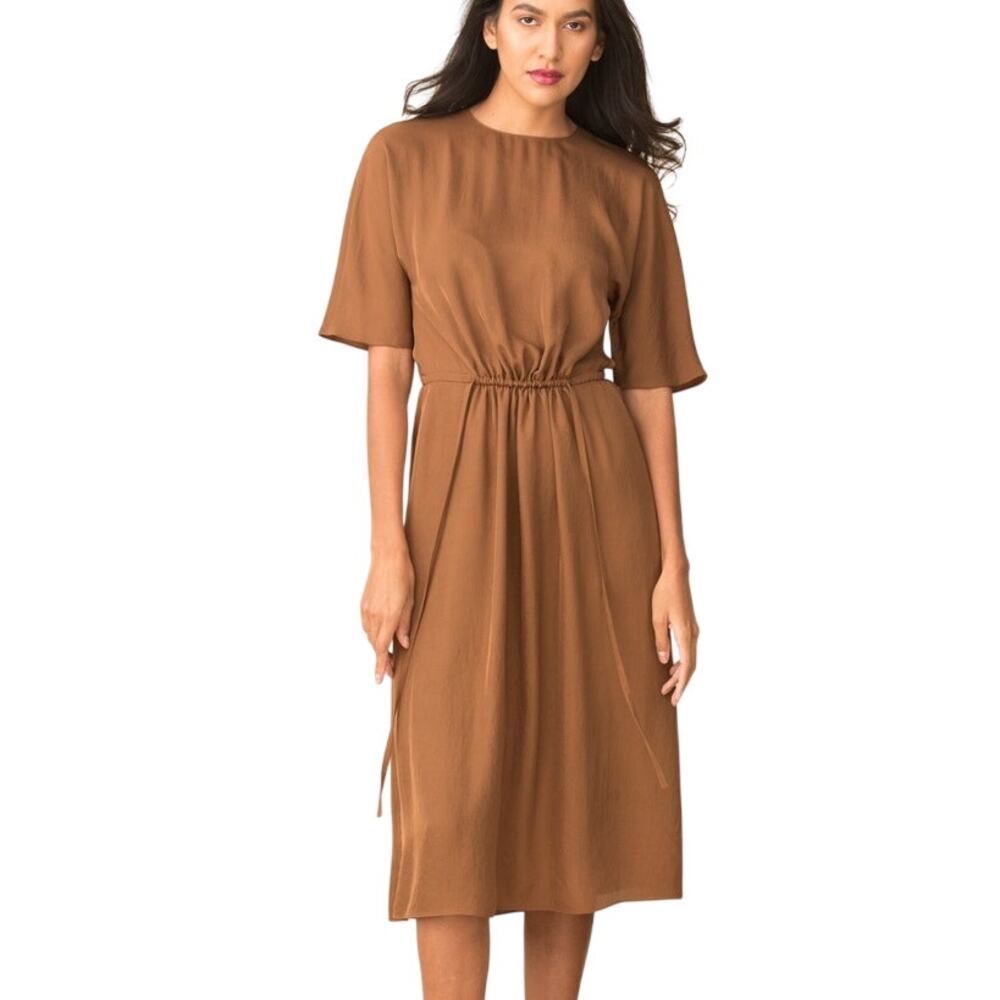 Vince Brown Short Sleeve Drop Shoulder Drawstring Waist Midi T-shirt Dress